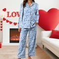 thumbnail image 5 of vigerkar Holiday Cute Bow Pajamas Women Silk Satin Pink Heart Print Pjs 2 Piece Long Sleeve Shirt Matching Lounge Pants Set (Sky Blue, S), 5 of 6