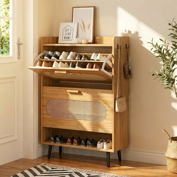 Fowroa Modern Rattan Wood Narrow Shoe Cabinet with 2 Flip Drawers, Hidden Shoe Storage,Wood