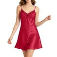 thumbnail image 3 of Shrysg Women's Satin Silk Sleepwear Sexy Lingerie Nightgown Sleeveless V Neck A-Line Chemise with Floral Lace Trim Red, 3 of 3