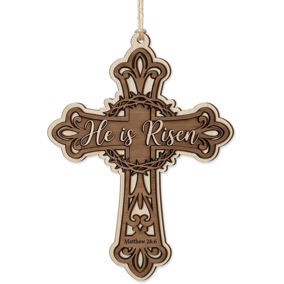 WaaHome Easter Cross Ornament - He is Risen Religious Hanging Decor Wooden Resurrection Cross with Crown of Thorns & Matthew 28:6 Sacred Christian Gift for Home, Church, Easter Tree Decoration