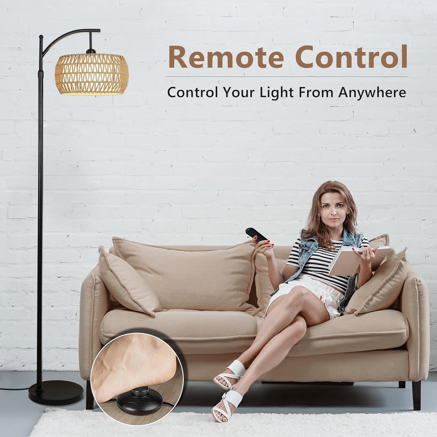 Arc Floor Lamp with Remote Control, Dimmable LED, Rattan & Fabric Shade, Black/Brown