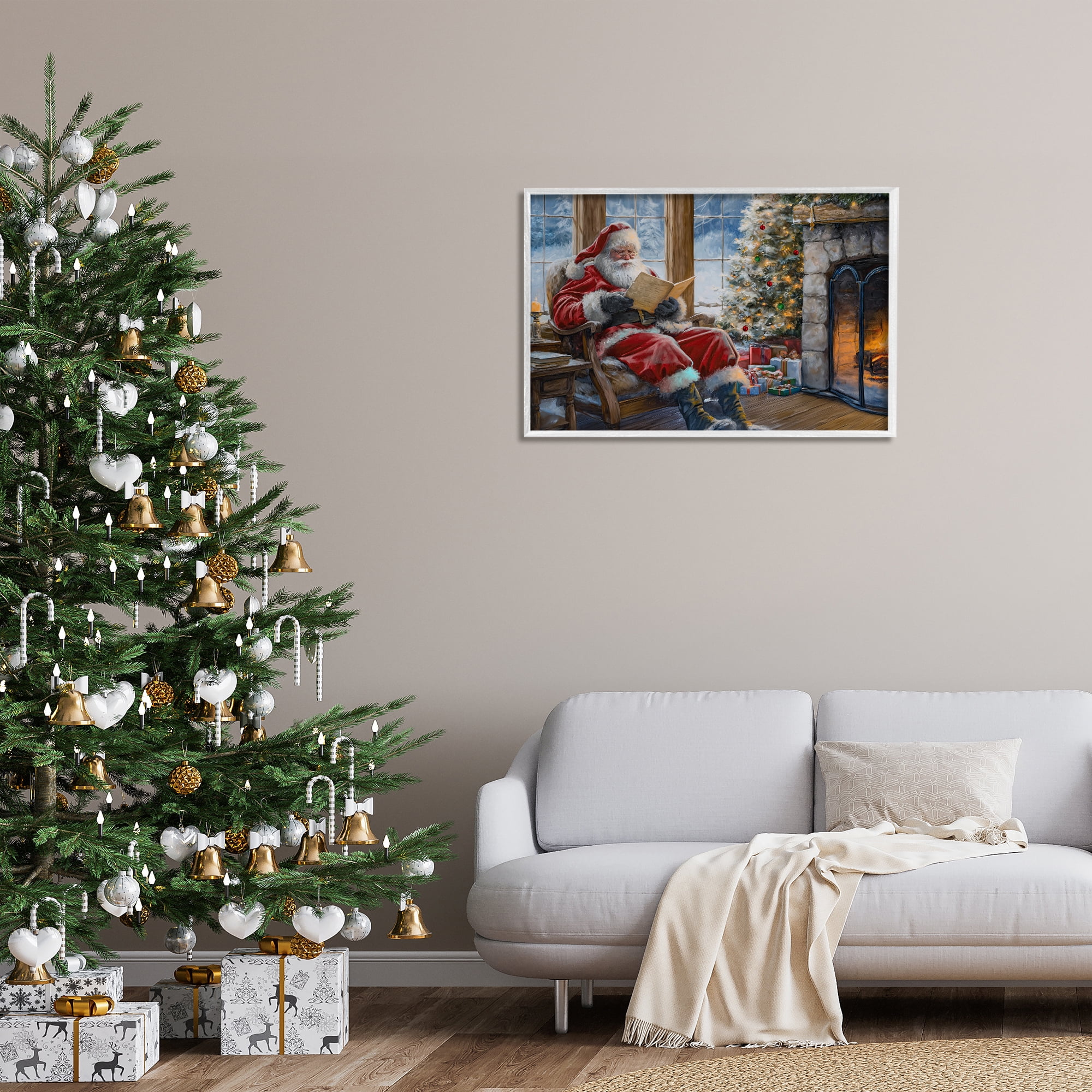 Stupell Industries Santa Reading by Fire Holiday Painting White Framed Art Prints Wall Art, 30 x 20