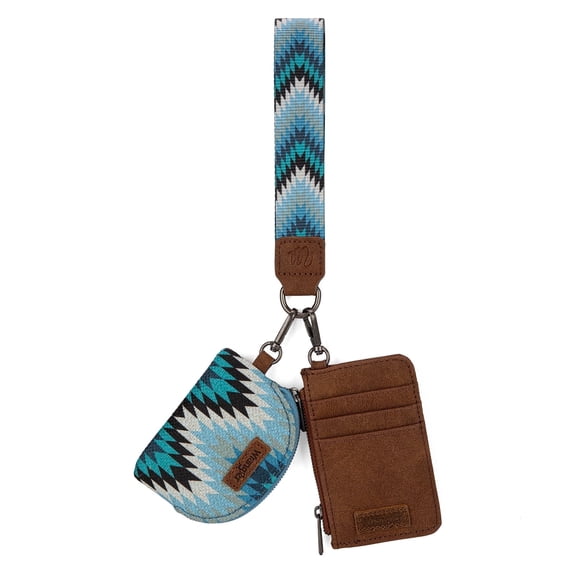 Wrangler Aztec Keychain Wristlet Wallets for Women Western Dual Pouch Wristlet Credit Card Holder Wallet with Zipper Pocket, Geometric-Jean