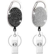 HASFINE 2 Pack Retractable ID Badge Holder,Bling Rhinestones Name Badge Reels with Belt Clip-On Holder and Key Ring,