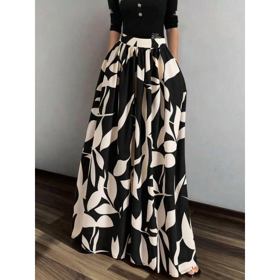Womens Black And Cream Leaf Print High Waist A-Line Maxi Skirt, Flowing Summer Holiday Skirt