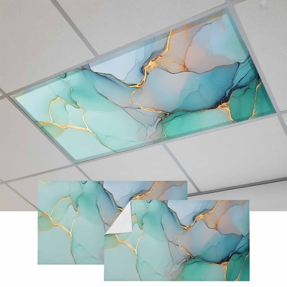 2 Pcs Marble Abstract Fluorescent Light Covers Modern Teal Green Gold Textured Stone Magnetic Light Covers for Ceiling Lights 4 x 2 ft Drop Ceiling Lights Cover Shade for Office, Home, Hospital
