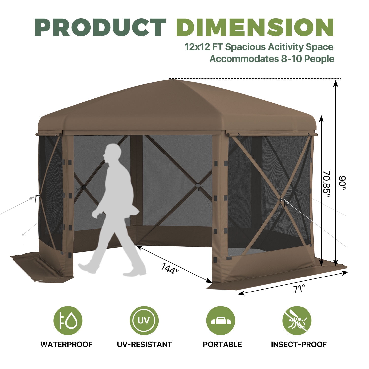 BaPiPro 12x12 FT Pop Up Gazebo with Removable Top for Stargazing, Outdoor Screen House with Sidewalls & Netting, Waterproof Canopy Tent for Patio, Backyard, Camping, Brown