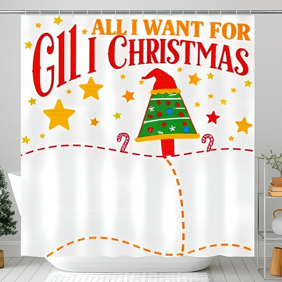 Festive Christmas Shower Curtain - " All I Want For Christmas " with Whimsical Tree Ornaments and Candy Canes - Holiday Bathroom Decor