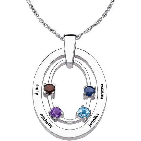 Personalized Mother's Sterling Silver Birthstone and Name Oval Pendant, 20"