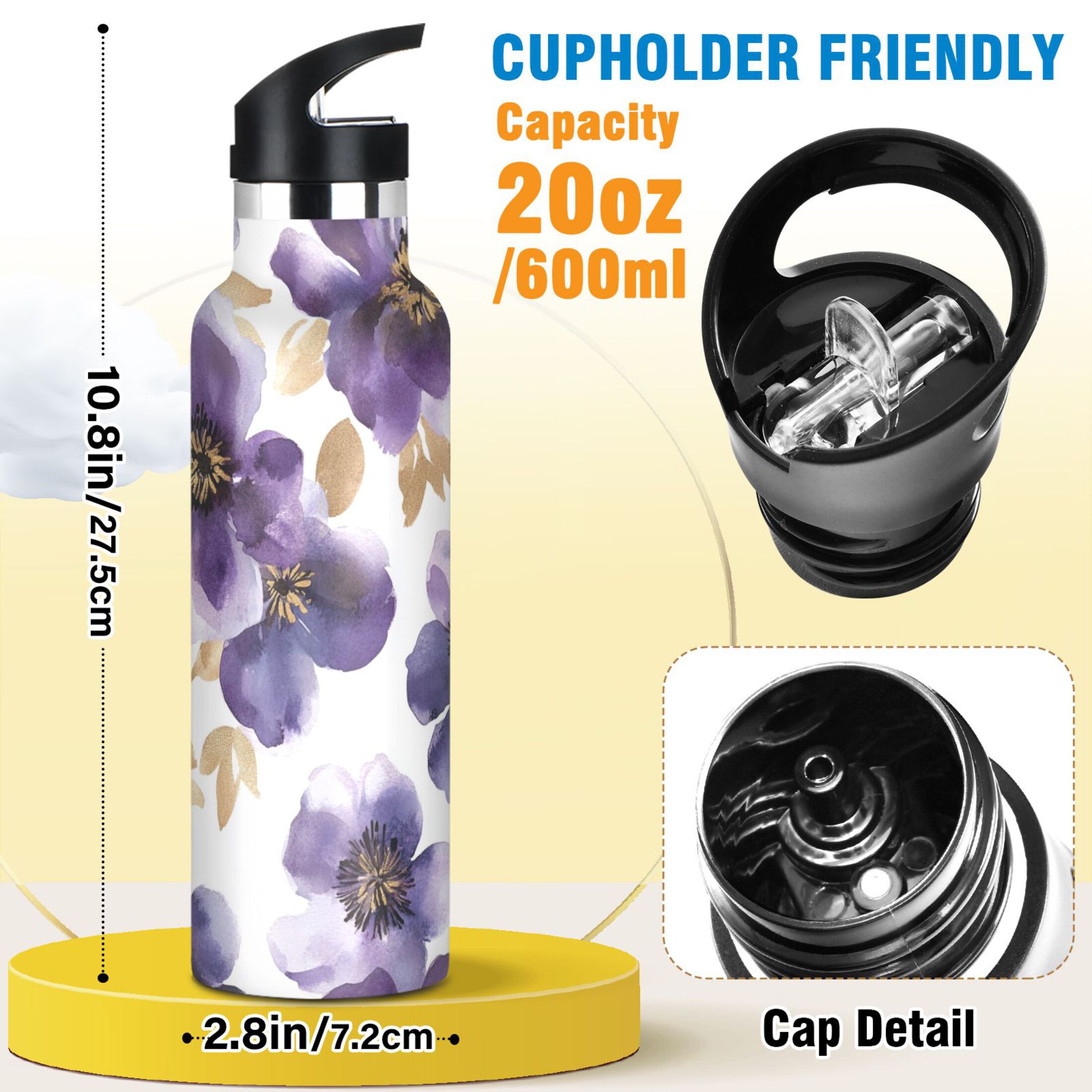 600ML Stainless Steel Insulated Cup Sports Water Bottle Portable Thermos Cup Water Glasses Insulated Tumblers Convenient and Durable Purple Flower Pattern
