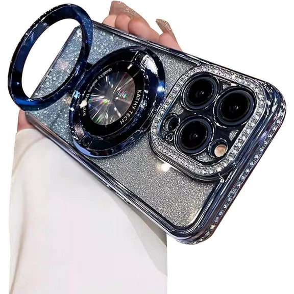 Magnetic Case for iPhone 14 Pro with Holder Stand,Rhinestone Glitter Plated Bling Luxury Phone Case（Compatible with MagSafe） Shockproof Kickstand Design for iPhone 14 Pro-Blue