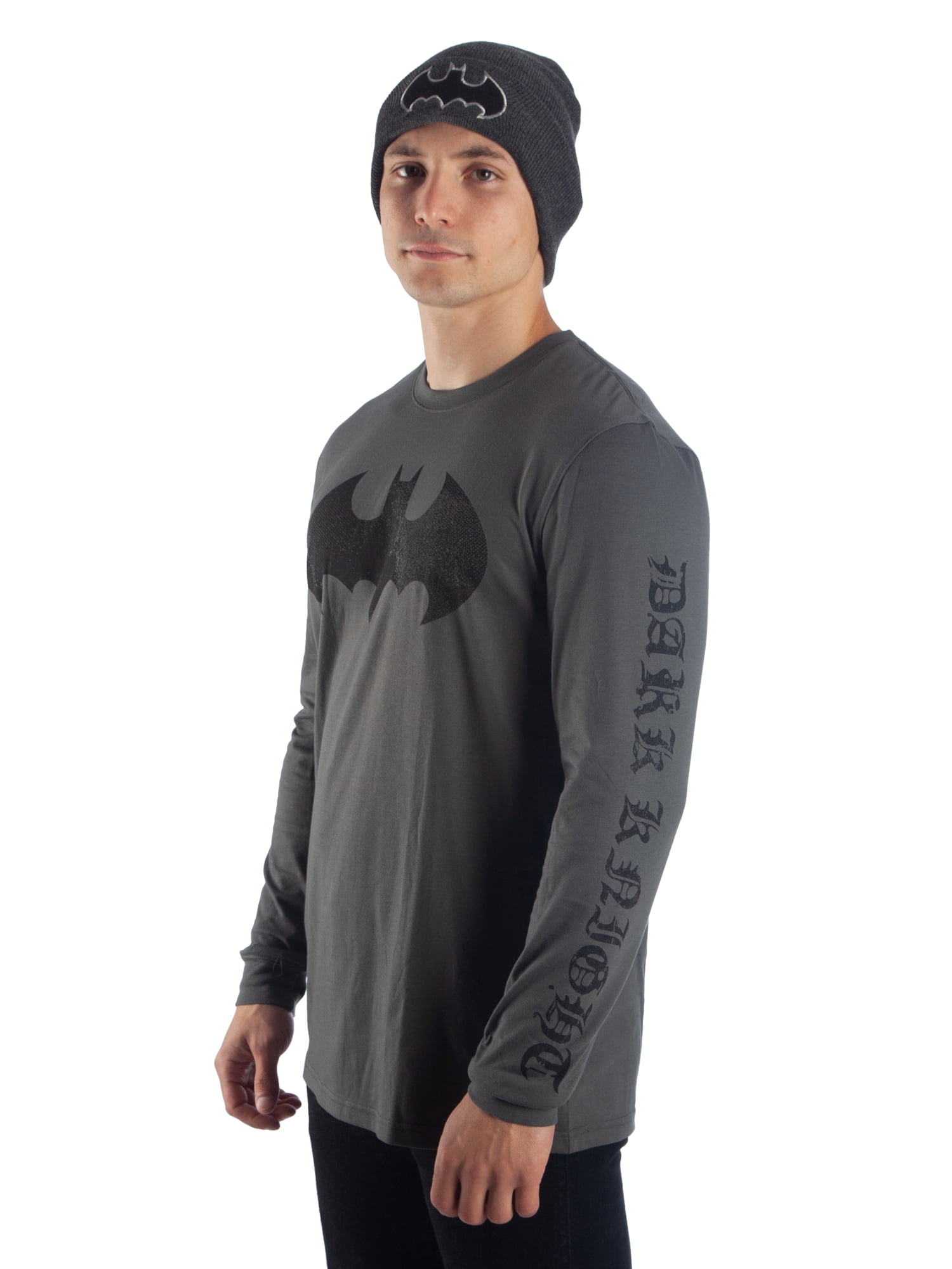 Men's Dark Knight Long Sleeve Charcoal Tee and Beanie 2-Piece Set