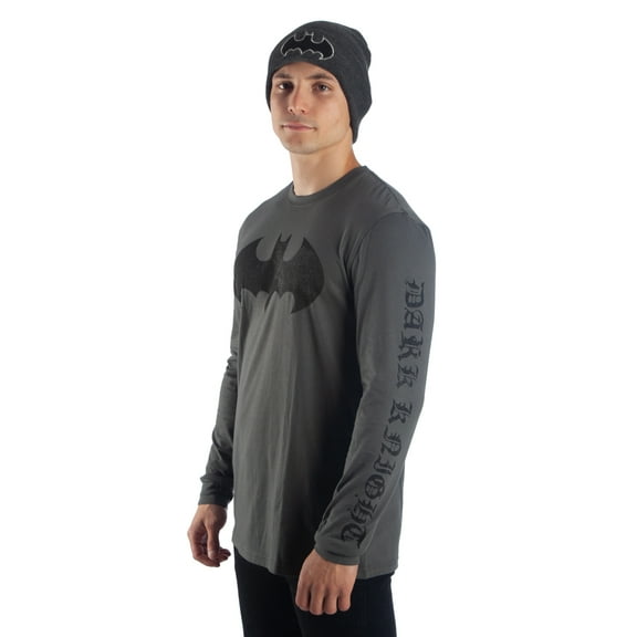 Dc Comics Batman Men's dark knight long sleeve charcoal tee and beanie 2-piece set