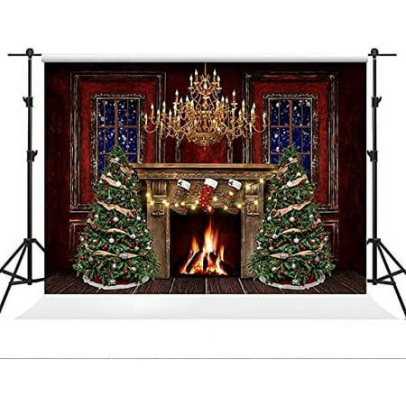 Image of 7×5ft Christmas Photo Backdrop Photography Fireplace Christmas Tree Christmas Stocking Background Photo Studio Props Photo Video