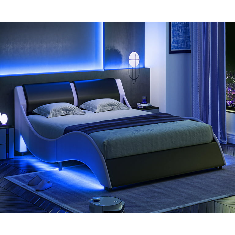 Full Led Bed Frame with Led Lights, Leather Wave-like Curve Platform Bed Frame with Slats Support,Black&White Walmart.com