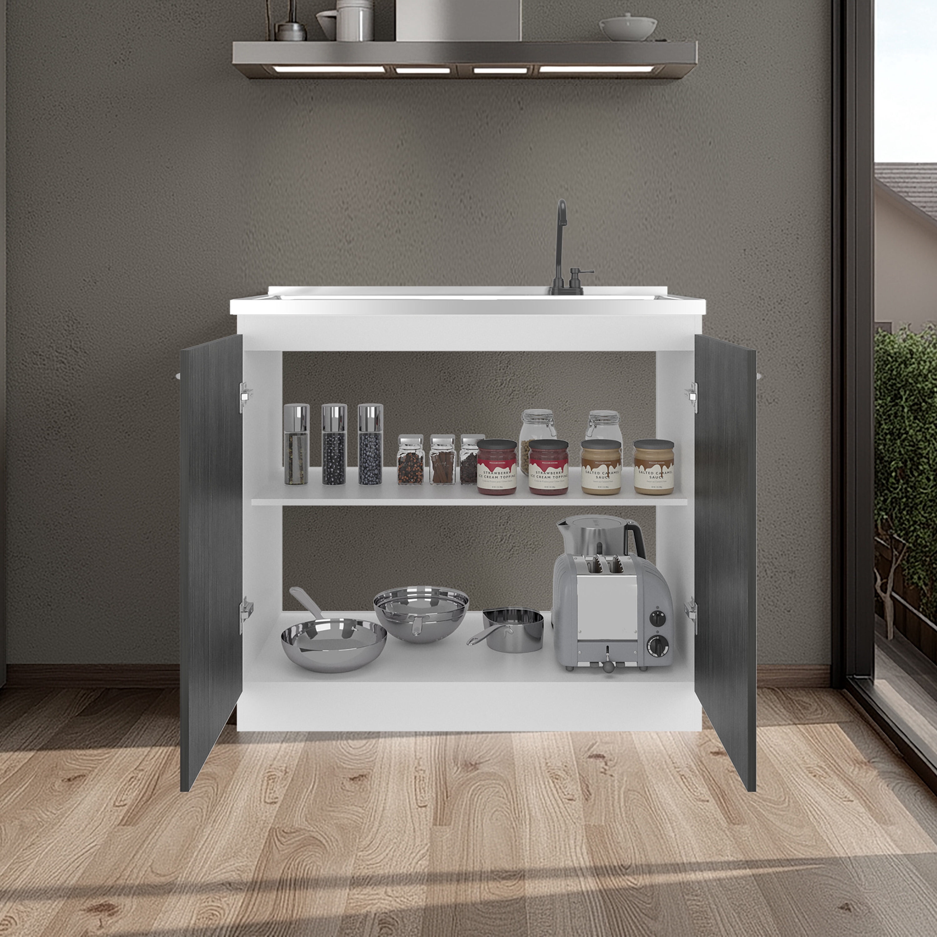 Undermount Kitchen Sink, Napoles Utility Sink with Faucet Inclued and Integrated Stainless Steel Counter top, Freestanding cabinet with two doors, Metal Handles and Two interior shelves, Gray+White
