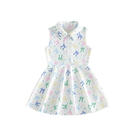 BemeyourBBs Kids Toddler Baby Girl Sleeveless Tank Summer Dress Lapel Collar Bow Printed Half Zipper A Line Dress Party Princess Dresses Clothes