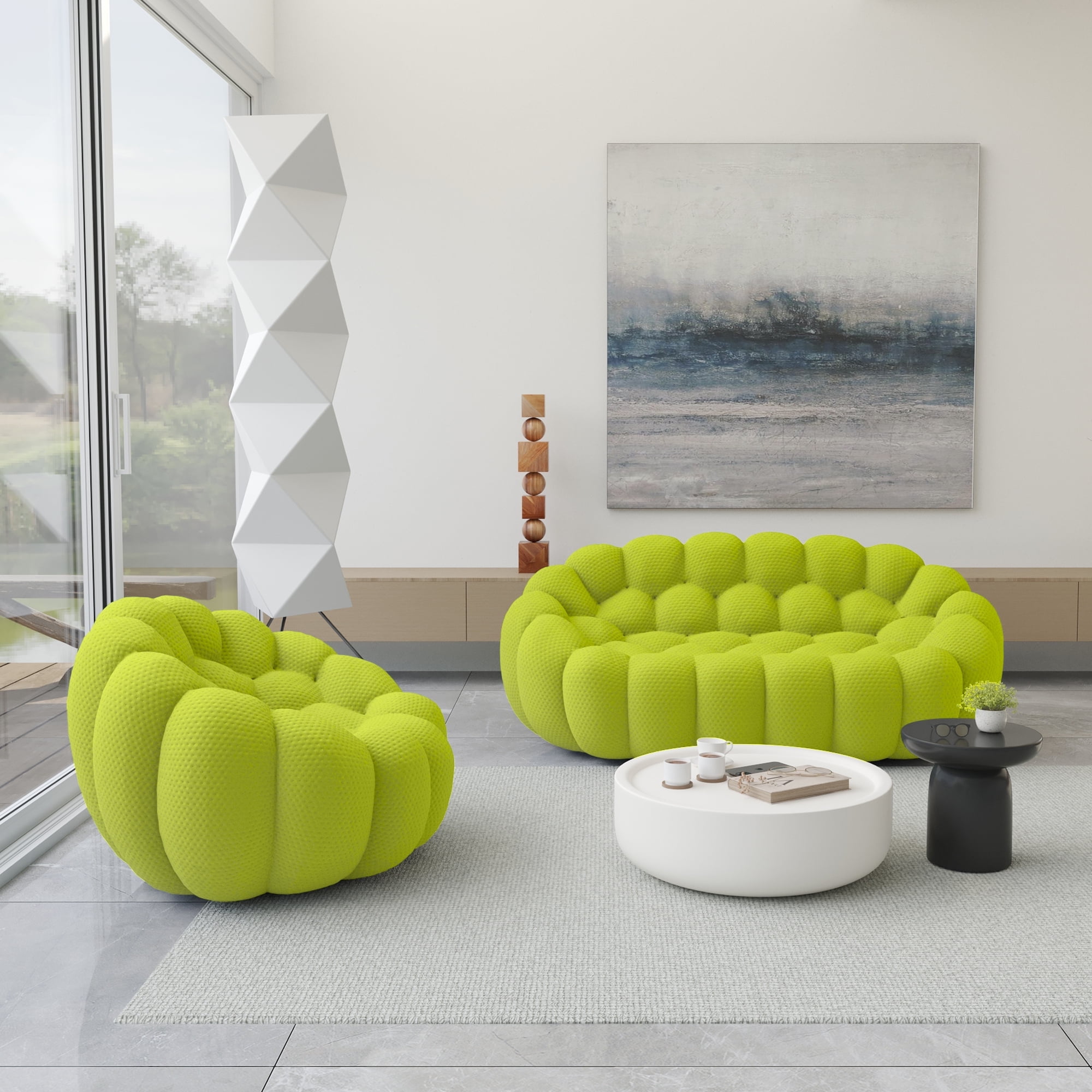 Sodrens 79.53" Bubble Couch with Ottoman,Modern Upholstered Mesh Fabric Lazy Floor Sofa,3D Honeycomb Shape Bubble Sofa Curved Couch for Living Room,Office,Apartment,No-Assembly(Fluorescent Green)