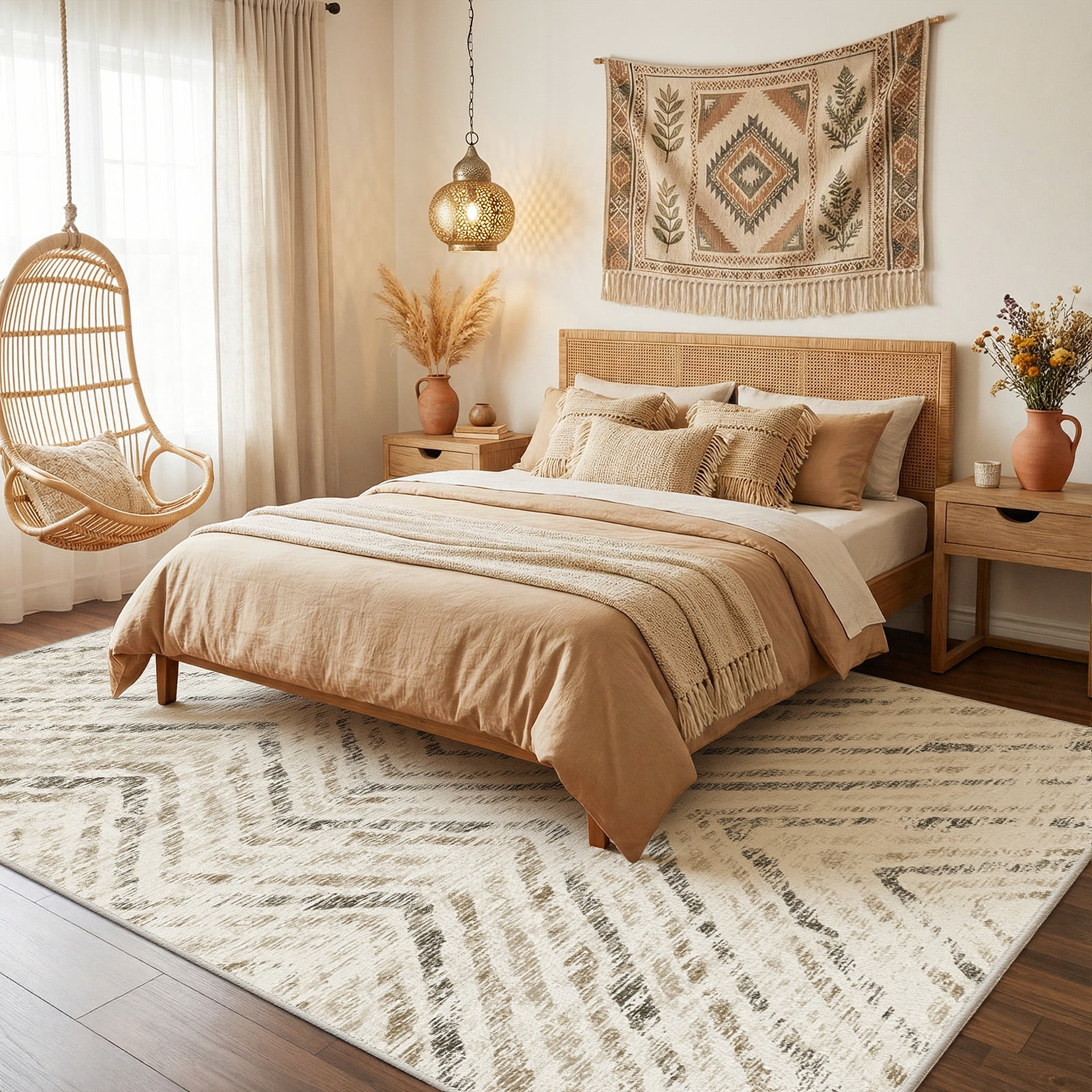 CHITOOMA 5'x7' Area Rugs for Living Room, Washable Boho Moroccan Rug Soft Vintage Distressed Geometric Tribal Area Rug for Bedroom Dining Room Office with Non-Slip Backing, Stain Resistant Non-Shed