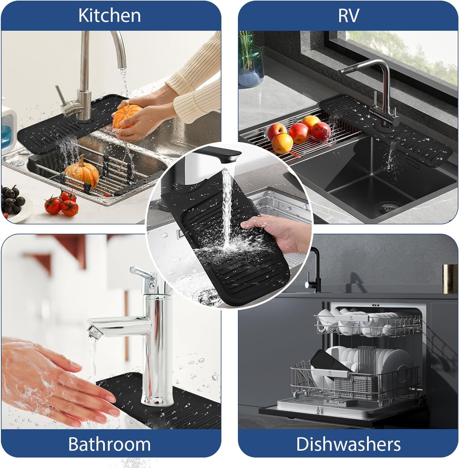 VENMATE 24"x5.5" Silicone Faucet Sink Splash Guard for Bathroom, Kitchen Faucet Mat,Rectangular Black