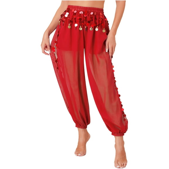 Lejafay Women's Belly Dance Pants Side Split Bloomers Lantern Pants Red One Size