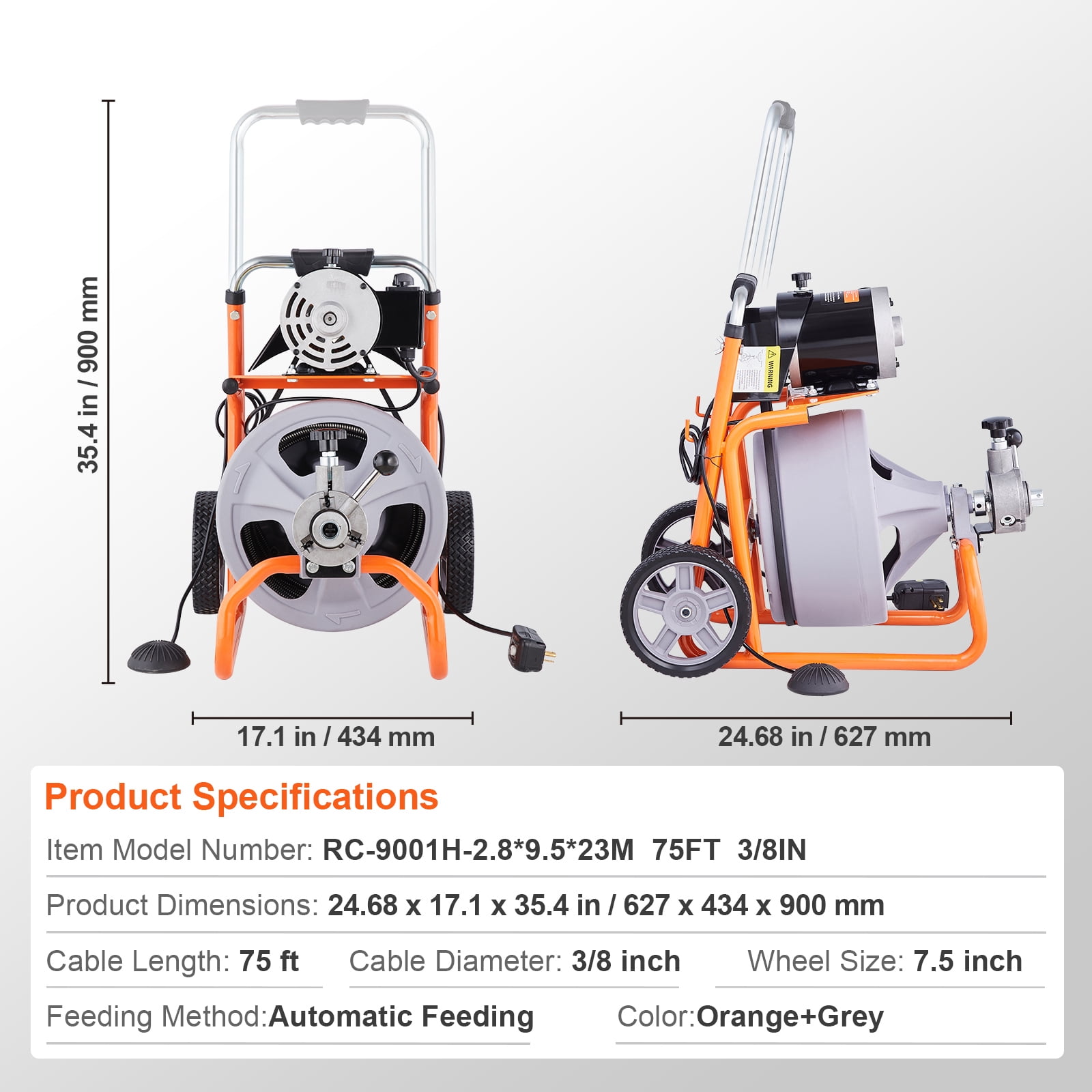 KFFKFF 75FT x 3/8 Inch Drain Cleaner Machine with Auto-Feed, Portable Sewer Snake on Wheels, Drain Cleaning Tool with 8 Cutters & Foot-Activated Switch for 2" to 4" Pipes