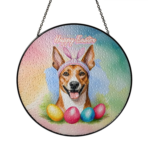 Happy Easter Basenji with Bunny Ear Headband and Flowers Stained Glass Suncatcher African Barkless Dog Lover Window Hanging Sign Decor - 13001