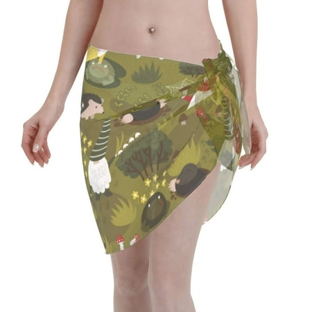 Qekee Gnomes Playing in the Garden Women s Short Sarongs Cover Ups Sheer Bikini Wraps for Swimwear
