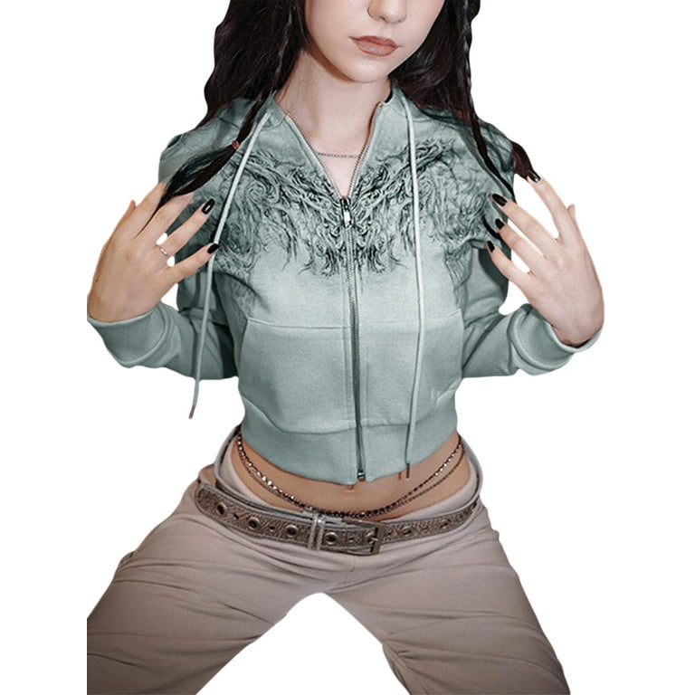 Sunisery Women Graphic Coat Print Long Sleeve Tops Zipper Streetwear Fairycore Grunge Jacket 2000s Hooded Sweatshirt Gray S