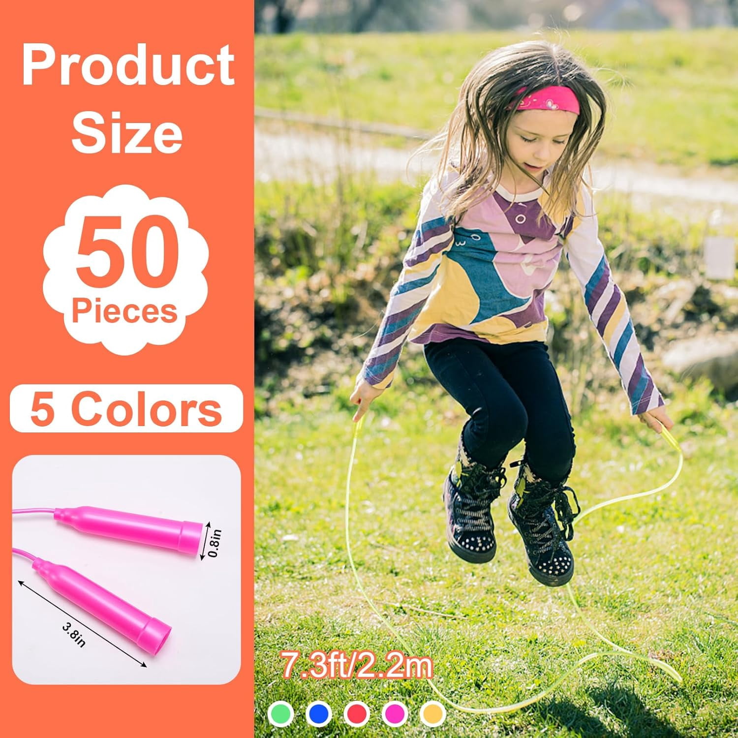 50 Pcs Kids Jump Rope Set, Colorful Skipping Ropes, 7.3 ft Plastic Jump Ropes, Adjustable Skipping Rope, Jump Ropes for Kids Party Favors, Outdoor Fun Exercise Fitness Activity