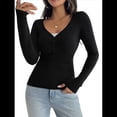 thumbnail image 3 of Camisa de Larga para Mujer, Cuello en V, Botones, Punto Acanalado, Corte Entallado, Informal, Básica, para y Otoño Negro S, 3 of 9