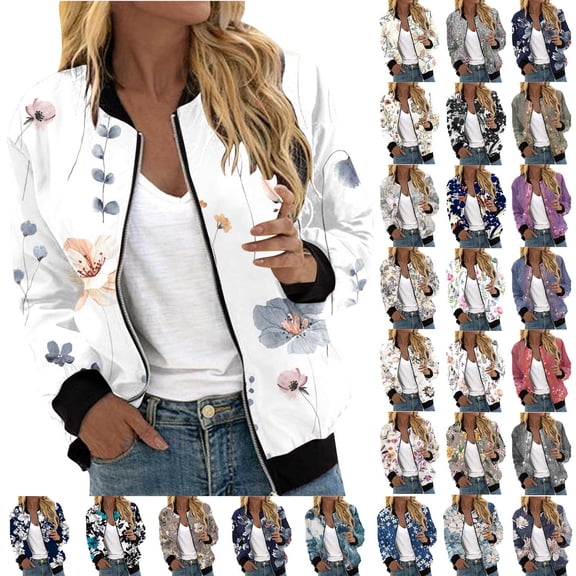 Dyegold Womens Bomber Jackets Lightweight Casual Coat Long Sleeve Floral Print Warm Zip Up Outerwear Windbreaker With Pocket