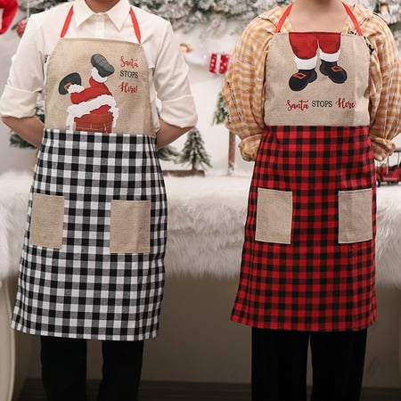 

Santa Apron Grid Easy to Wash Feet Decor Pockets Christmas Apron for Kitchen Multi-color Plaid Cloth