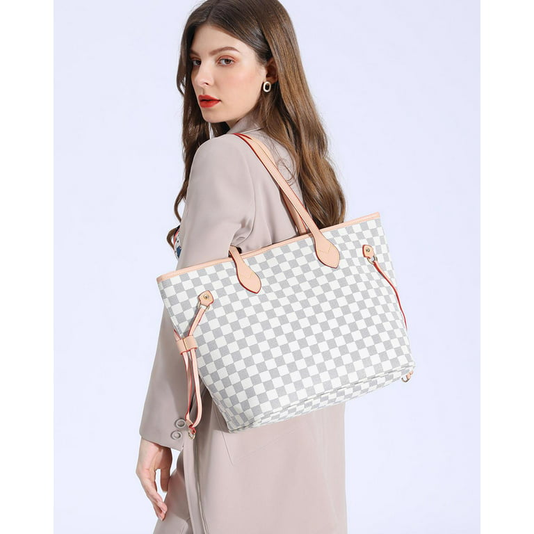 MK Gdledy Women Handbags Checkered Tote Shoulder Bag with inner pouch  Womens Crossbody bag- PU Vegan Leather -Cream 