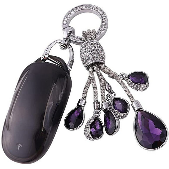 Tesla Model S, 3, Y, Soft TPU Key Fob Case Cover, Black, with Purple Crystal Diamond Key Ring