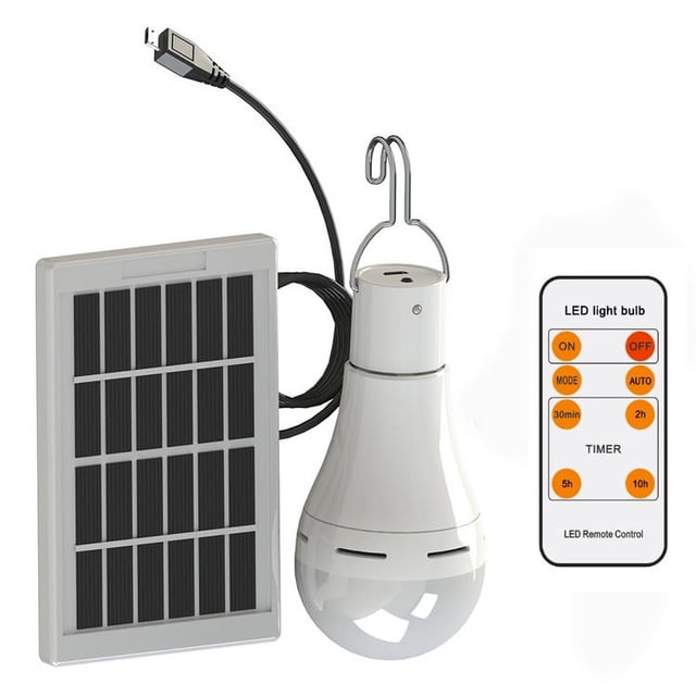 Bombilla LED recargable USB con gancho de clip, luces solares para acampar con control remoto, bombilla solar para acampar, caminar, interior, emergencia