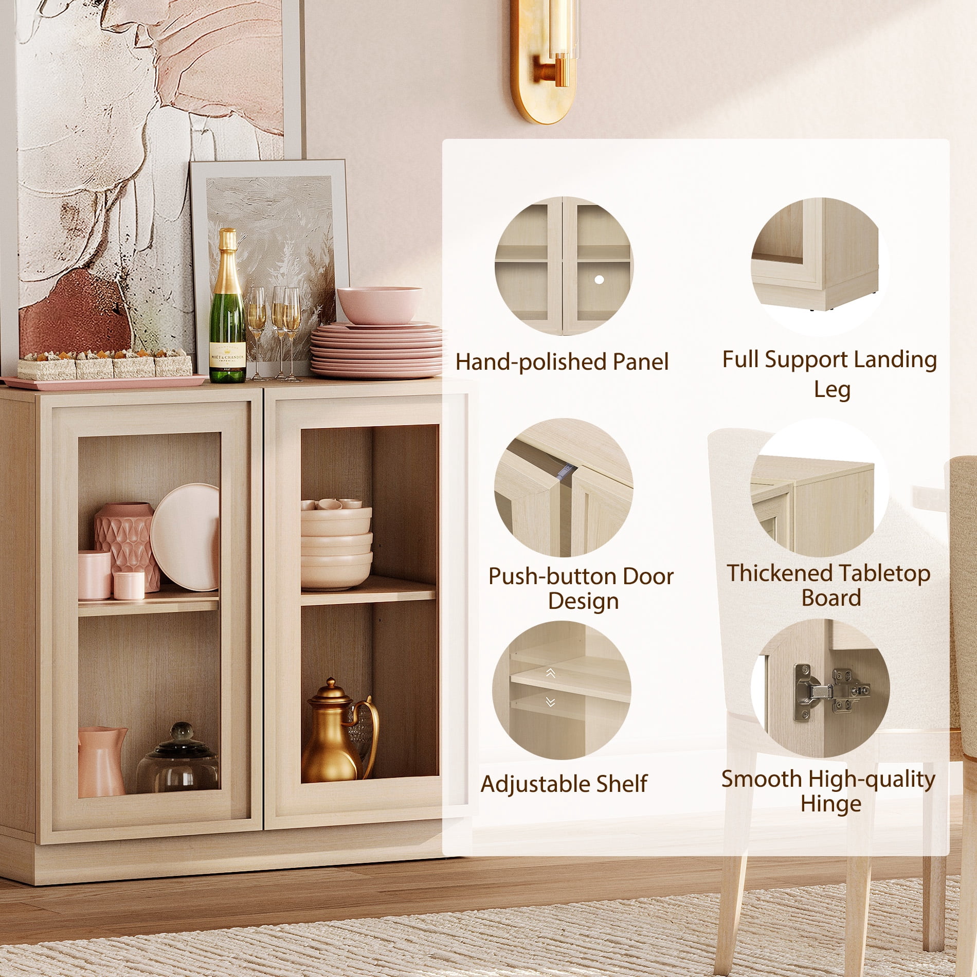 94.5" Modern Sideboard Buffet Cabinet with 6 Glass Doors, Multifunctional Sideboard with Large Storage and Adjustable Shelf, Beige