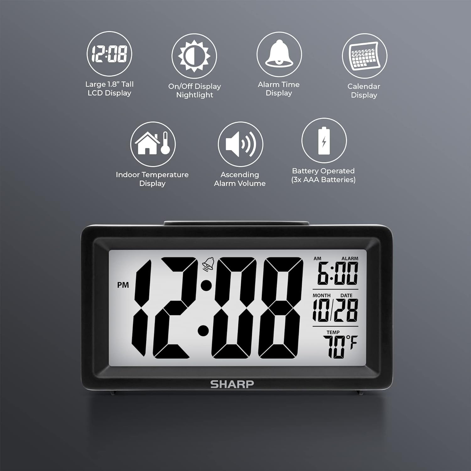 with Indoor Temperature, Nightlight, Calendar, Battery Operated Digital Small Clock for Bedrooms or Travel, Black (SPC5025AMZ)