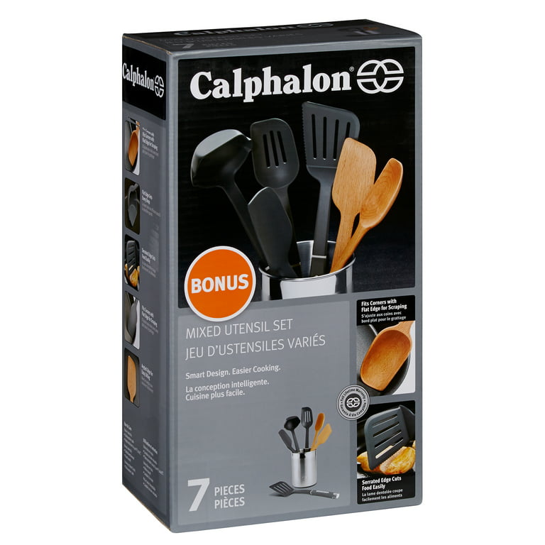 SET of 5 CALPHALON Cooking Utensils Kitchen Essentials Black & Gray & Wood  Spoon