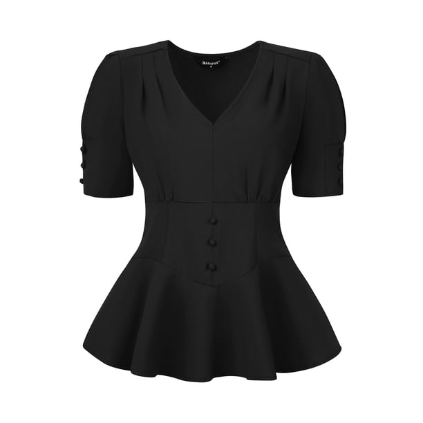 Blusa vintage para mujer Victorian Puff Sleeve Steampunk Lace Up Top Negro XL
