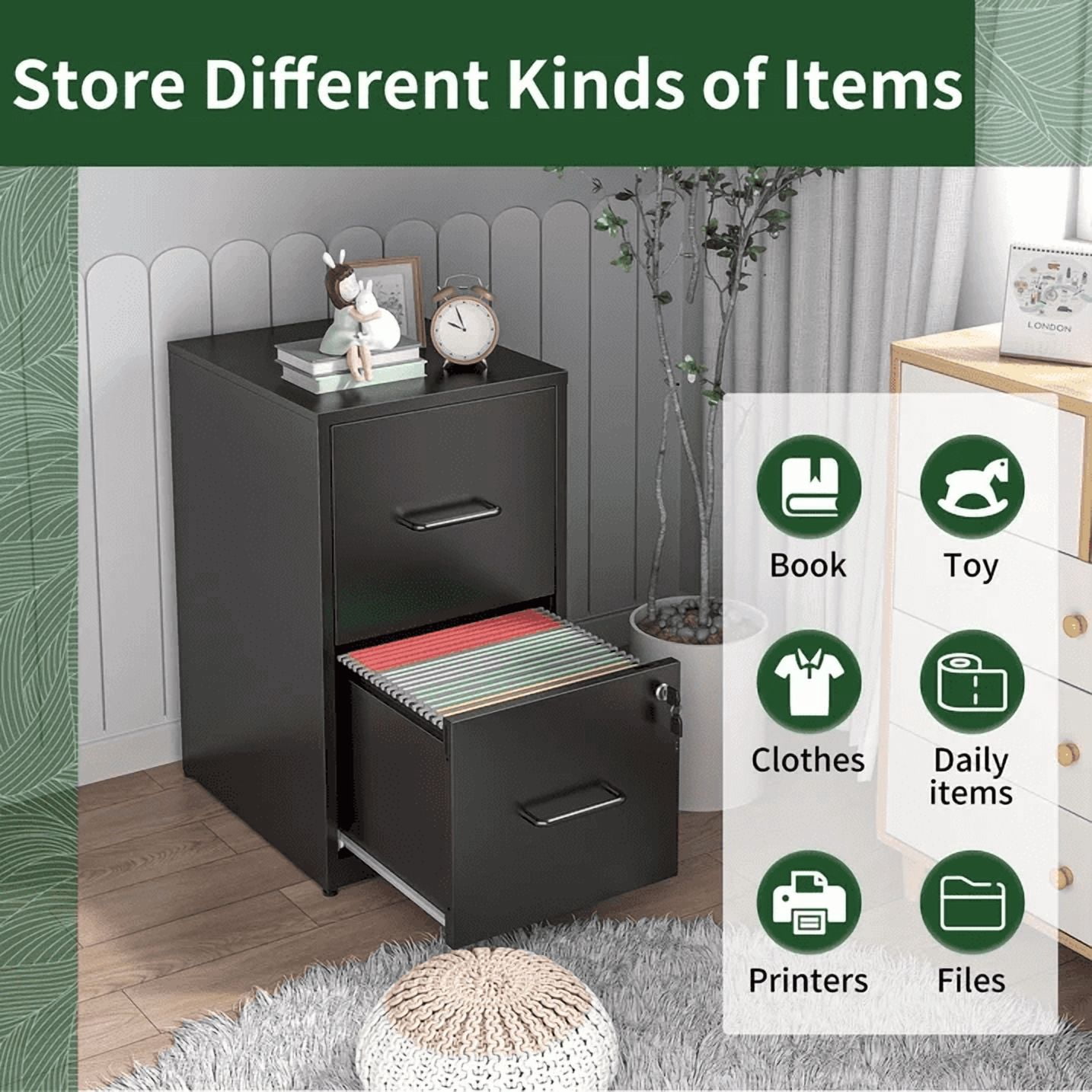 IKIMI 2 Drawer Vertical File Cabinet with Lock, 25.6" H Metal Office Storage Cabinet for A4/Letter/Legal Size, Black