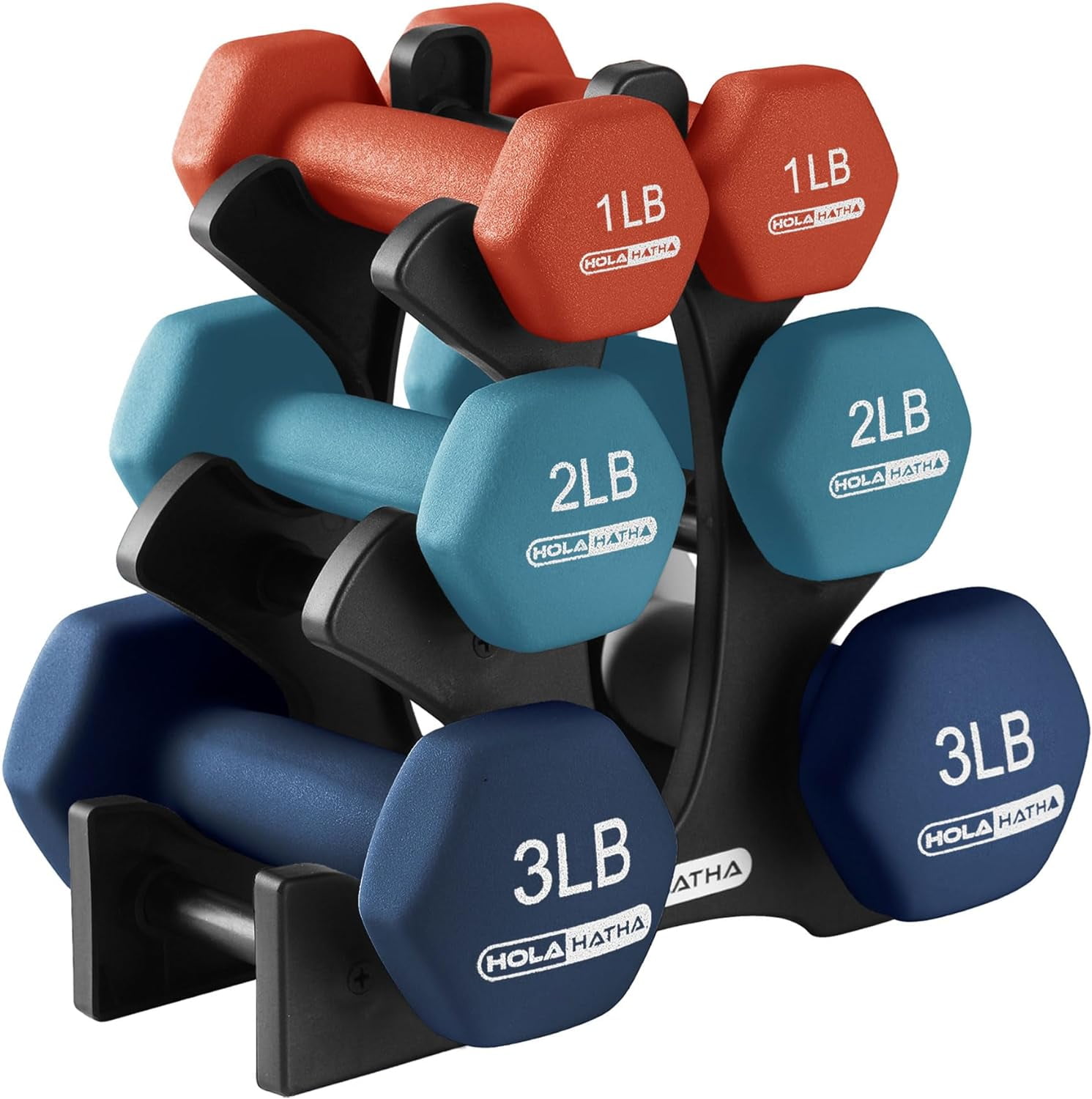 HolaHatha Neoprene Dumbbell Weights Set w/Rack, Home Gym Equipment - Portable Weighted Exercise Dumbbells for Fitness, Training, and Lifting Workouts