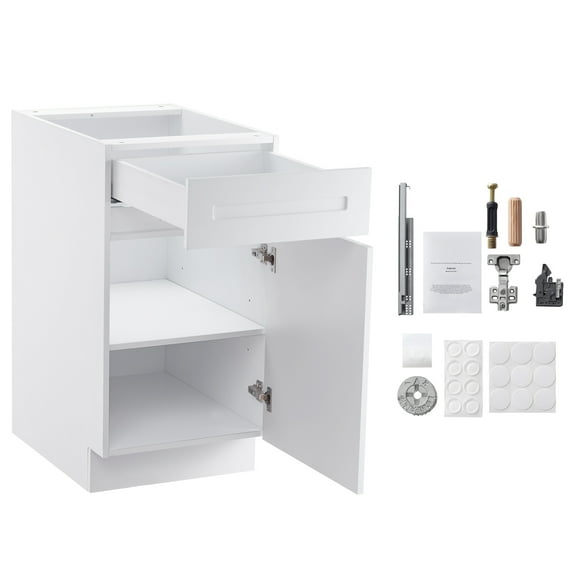 KFFKFF White Shaker Cabinet Base with Drawer, 18-Inch Disassembled Drawer Base Cabinet, Dimensions: 18" W x 24" D x 34.5" H, Assembly-Required Cabinet with Soft-Close Door and Adjustable Shelf