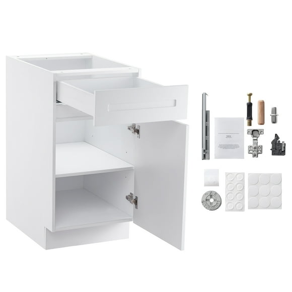 KFFKFF White Shaker Base Cabinet with Drawer, 18-Inch Unassembled Drawer Base Cabinet, 18" W x 24" D x 34.5" H Ready to Assemble Cabinet with Soft-Close Door and Adjustable Shelf, for Home Office