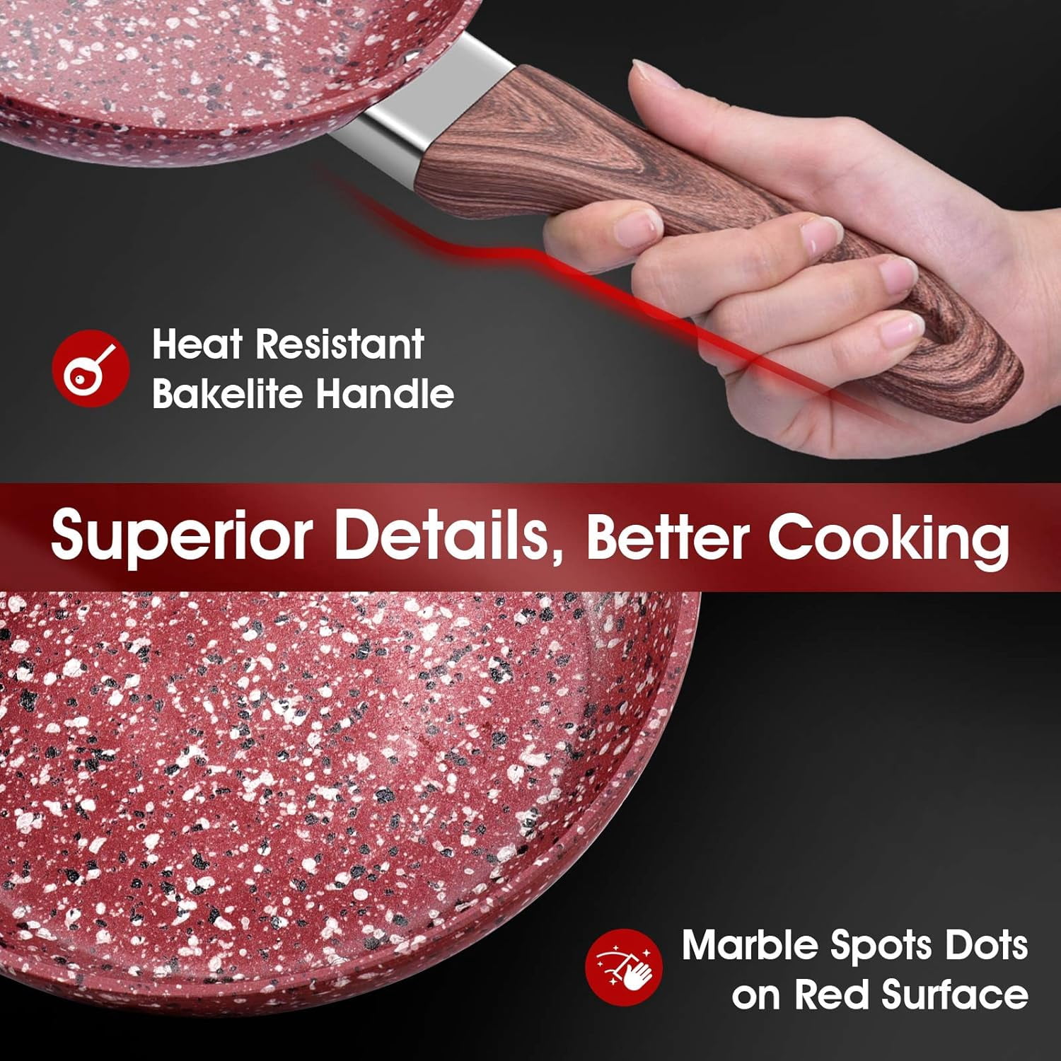 Koch Systeme CS 8-Inch Nonstick Frying Pan, Nonstick Granite Coating, Induction Compatible, Dishwasher Safe Skillet, Red