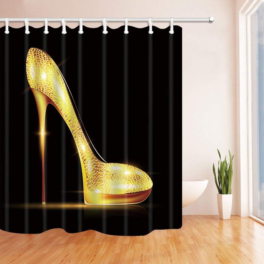 Golden Beach Lipstick High Heels Bathroom Shower Curtain Sets Waterproof Fabric 