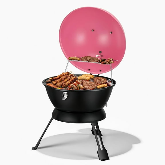 MBY 14 inch Portable Barbecue Grill with Dual Venting System, Small Foldable Charcoal Grill with Warming Rack for Picnic, Camping, Backyard-Pink