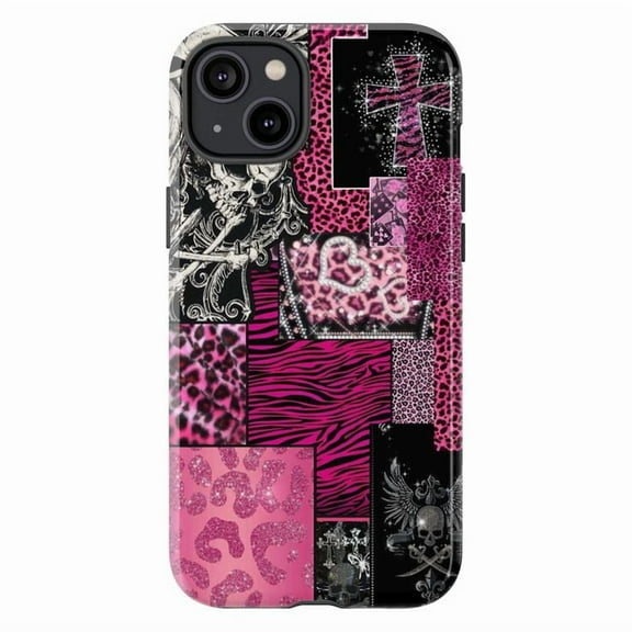 Y2K Punk Patchwork Phone Case, Pink Leopard and Skull Cross Design iPhone Cover, Edgy Glam Protective Case for iPhone 16 15 14 13 12 11 Pro Plus Max Mini