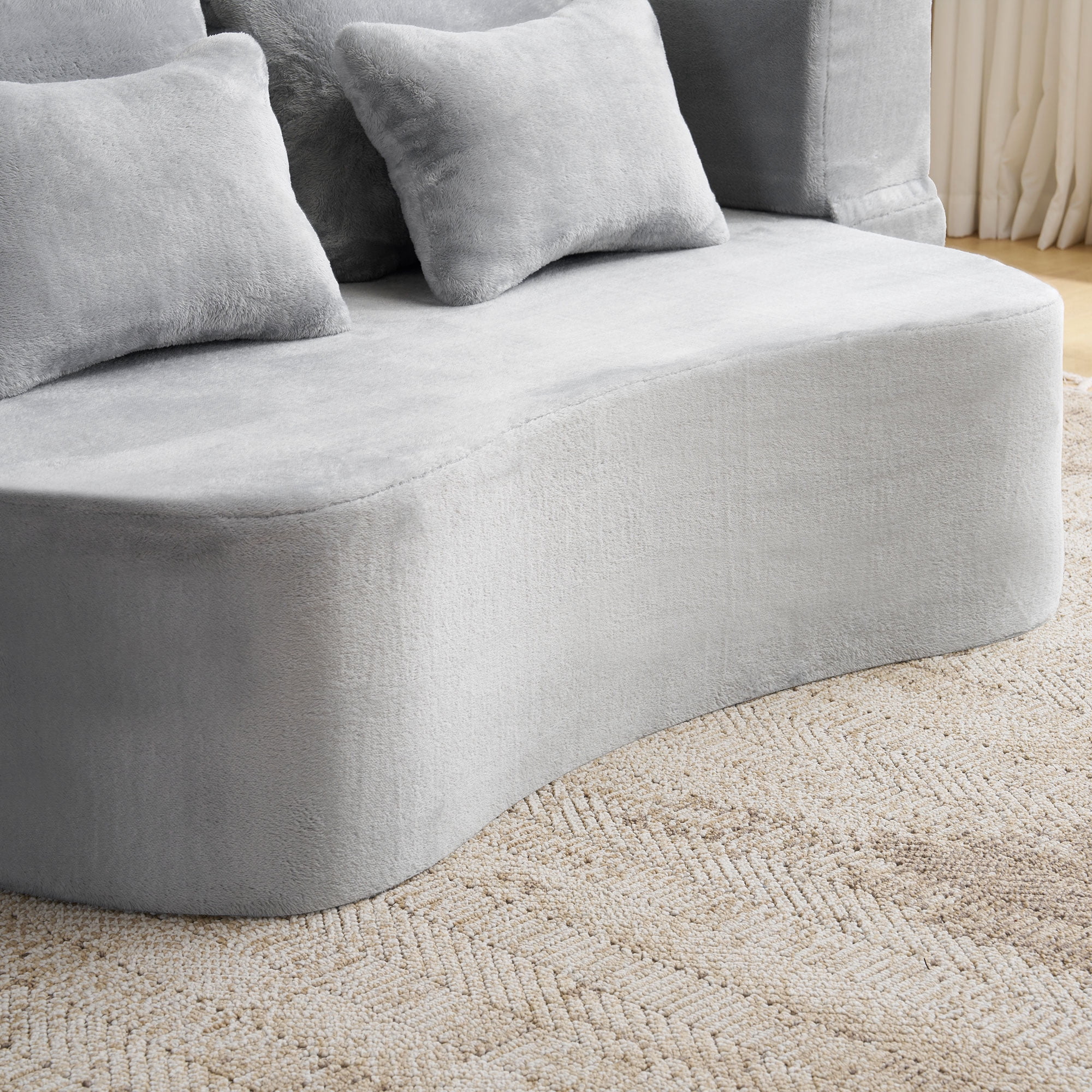 Queen Size Light Grey Floor Sofa with 4 Pillows, Plush Fabric Futon Sofa Couch, High-Density Foam Folding Mattress for Living Room,Guest, Bedroom,No Assembly Required