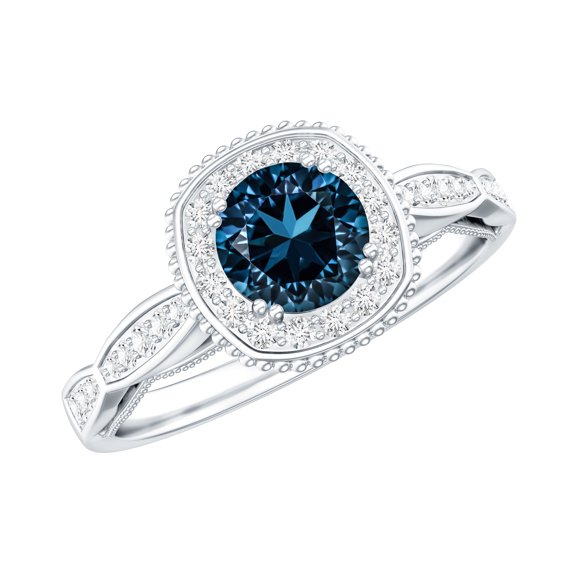Rosec Jewels London Blue Topaz Diamond Engagement Ring for Women - Vintage Style Ring - 0.6 Ct - AAA Quality Certified, 925 Sterling Silver, US 4.00